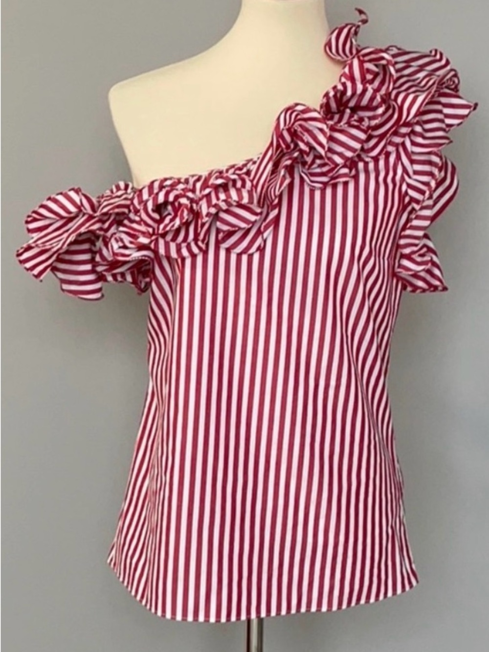 Petersyn Red and White One-Shoulder Ruffle Stripe Top.